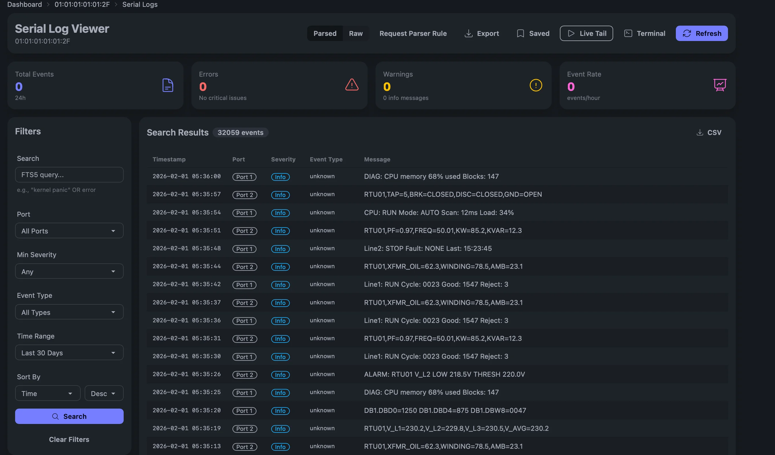 ConX Portal serial log viewer with full-text search, filters, and parsed event display
